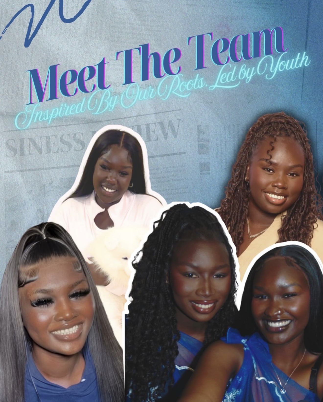 NYA team — five young Naath women on a soft blue scrapbook background, with the heading Meet The Team
